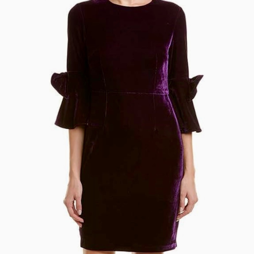 NWT Donna Morgan Purple Velvet Shift Dress With 3/4 Bell Sleeves, Size 0